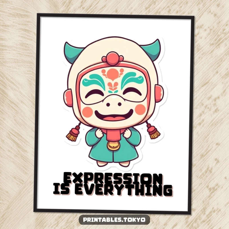 Funny poster of a character wearing a tiny festival mask and making a hilarious, funny face, full of personality.