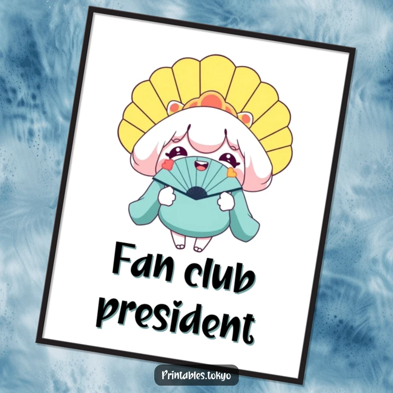 Funny poster art of a character with a wide smile, holding a gigantic novelty fan, bringing cool humor to any wall.