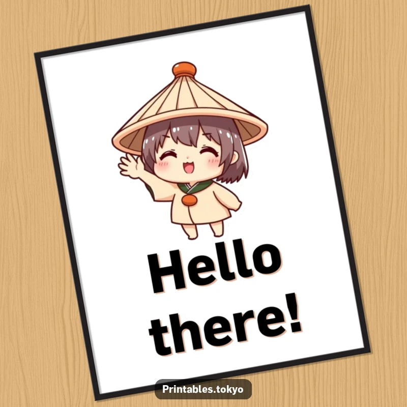 Funny poster of a cute character in a traditional Japanese hat, enthusiastically waving, creating a warm and welcoming piece of art.