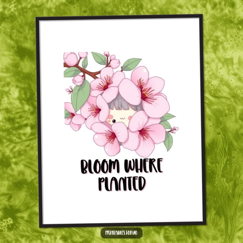Funny poster art of a playful character peeking from behind a stylized cherry blossom, capturing the essence of spring.