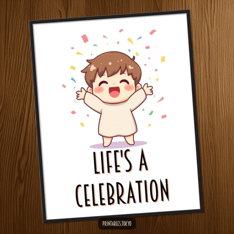 Funny poster art of a cheerful character joyfully tossing vibrant confetti, perfect for adding festive cheer to any room.