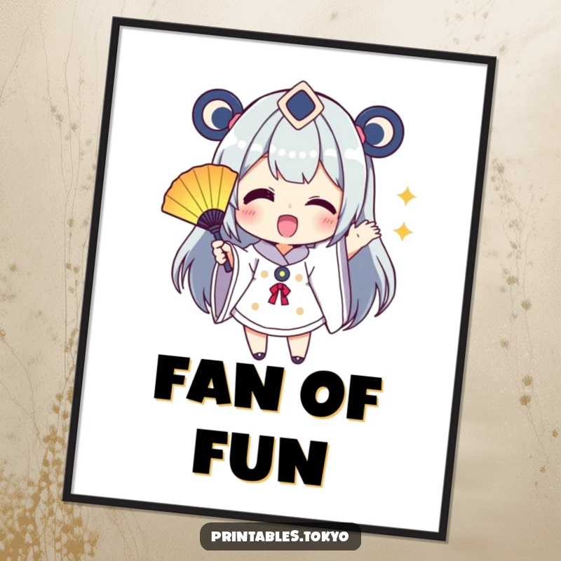 Funny Poster: A character excitedly waves a small, colorful fan, bringing a vibrant and humorous touch to any wall.