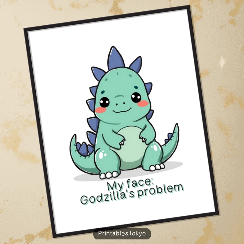Funny poster of a character making a silly face to playfully startle a small, cartoonish Godzilla, humorous wall decor.