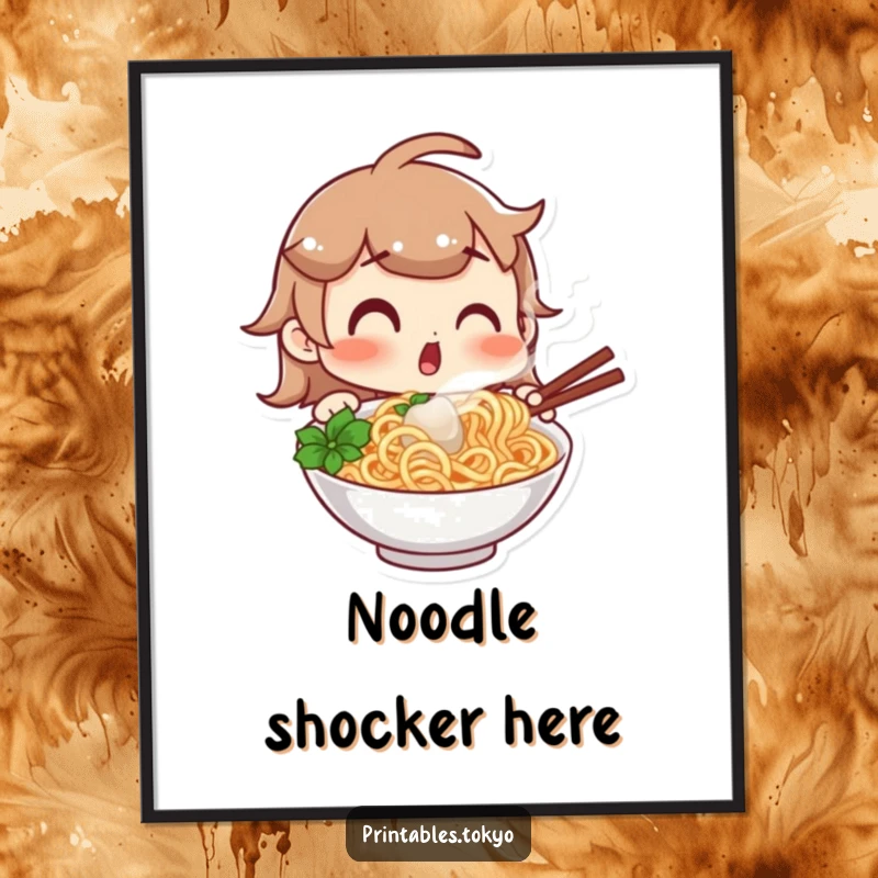 Funny poster art of a character with a comically surprised expression, gazing at a steaming bowl of mouthwatering noodles, capturing the joy of culinary discovery.