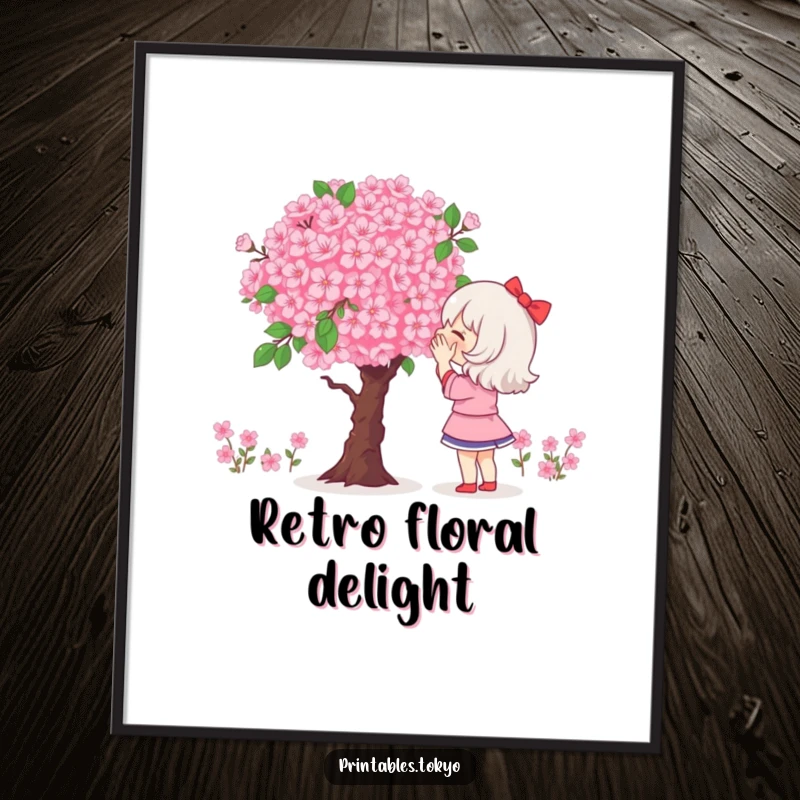 Funny poster art of a character gazing in admiration at a huge, pixelated bouquet of cherry blossoms.