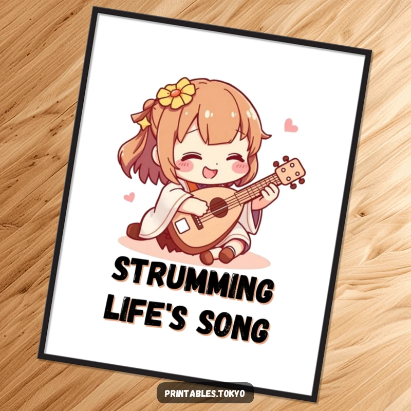 Funny shamisen player poster, a delightful character playing a miniature shamisen, adding a touch of humor and music to any room.