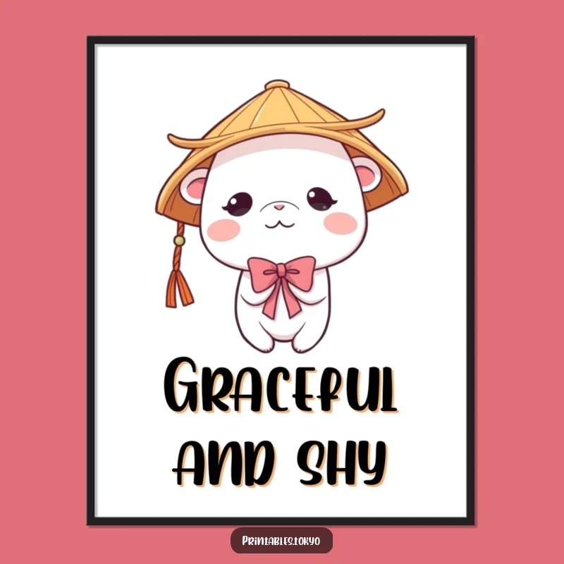 Funny Shy Creature Japanese Hat Poster - Adorable Art for a Gentle Space