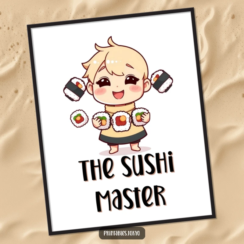 Funny Poster depicting a joyful character skillfully juggling three tasty sushi rolls, adding humorous flair to wall decor.