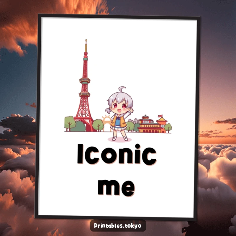 Funny poster art of a character striking a playful pose right in front of a stylized, colorful Tokyo Tower.