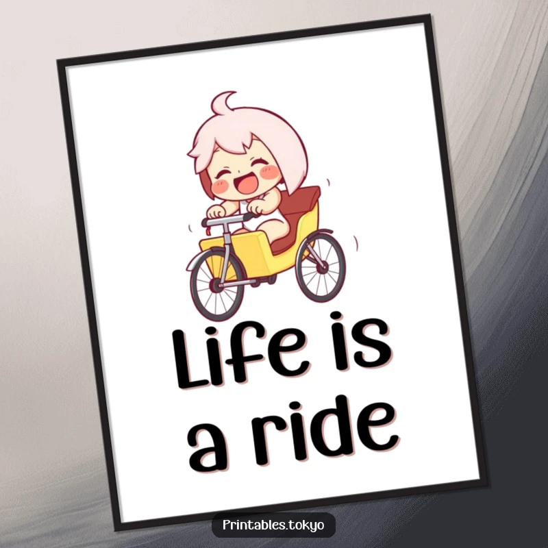 Funny giggling character in a tiny rickshaw, pedaling furiously downhill, displayed as a dynamic poster. Captures motion and humorous exhilaration.