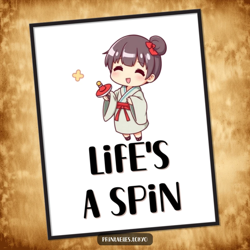 Funny yukata spinner poster, a character in a yukata gleefully spinning a top, a charming and humorous piece of art.