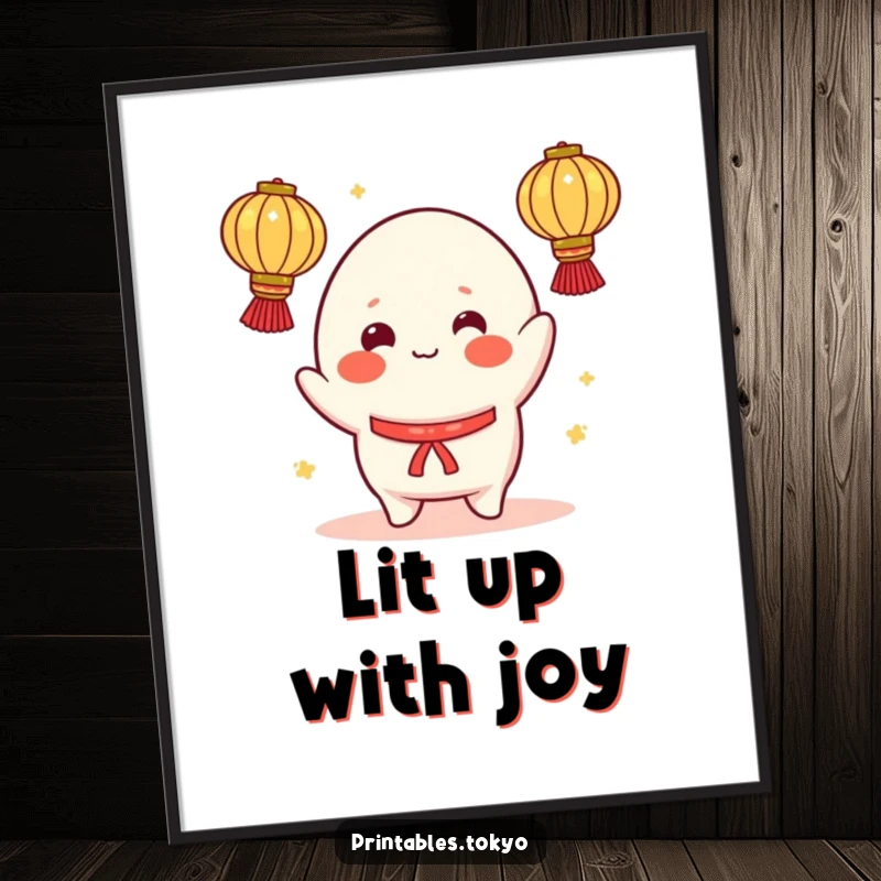 Funny poster featuring a cheerful mochi character with rosy cheeks, skillfully juggling glowing lanterns, adding vibrant energy to decor.