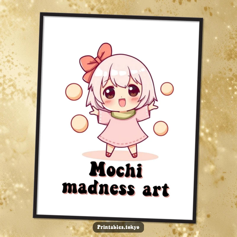 Funny poster of a happy character skillfully juggling multiple small, round mochi balls, bringing a cheerful and delightful vibe.