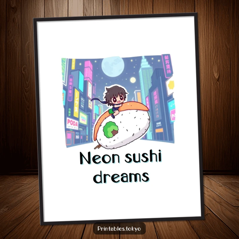 Funny poster of a character riding a giant sushi roll through a dazzling, colorful neon city at night.