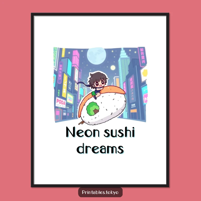 Funny Sushi Rider Poster: Neon City Character, Hilarious Urban Art