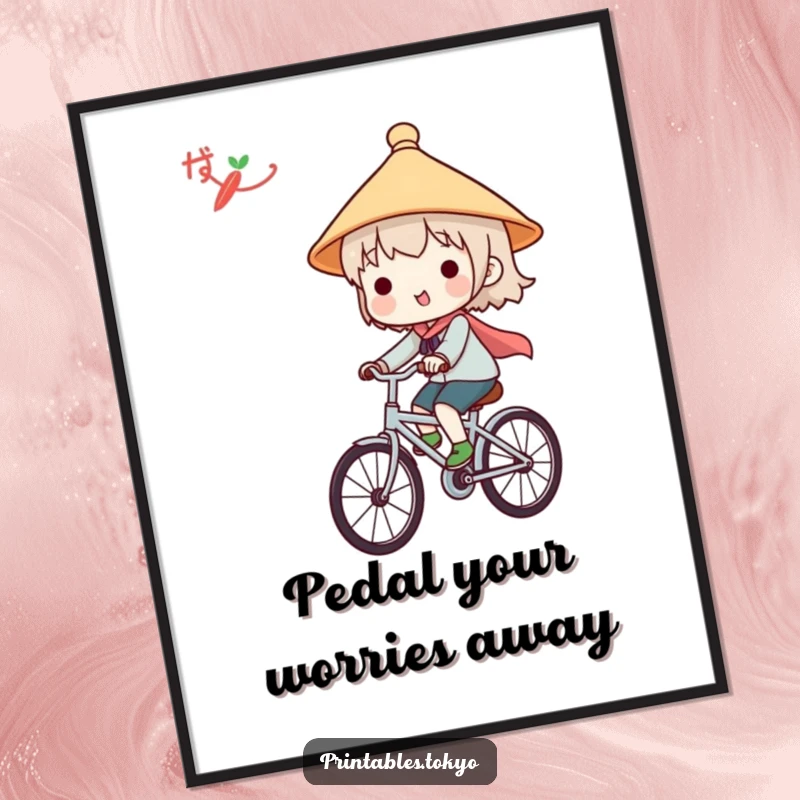 Funny poster art of a cute character wearing a Japanese hat, joyfully riding a bicycle, adding cheer to any wall.