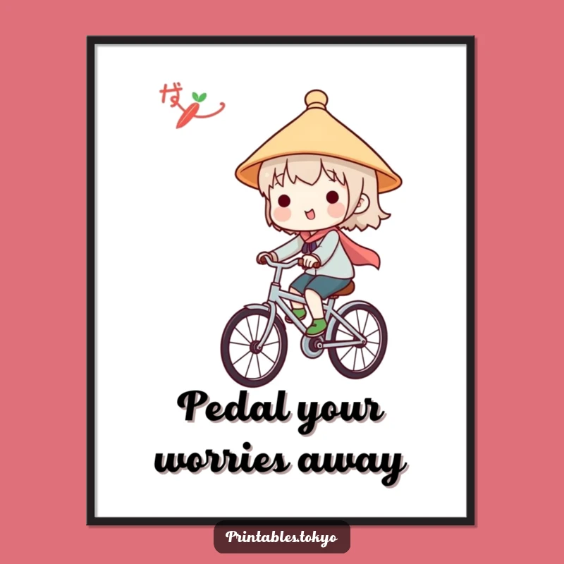 Funny Japanese Hat Bicycle Poster - Cute Character Wall Art Gift Decor