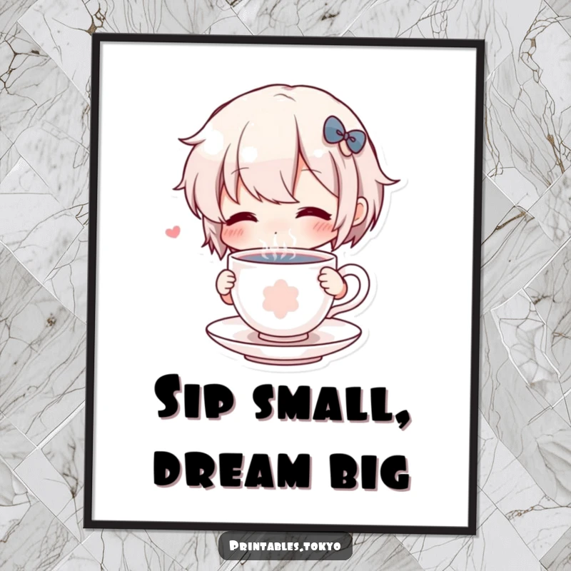 Funny Poster: A whimsical character comically sips from a small, steaming teacup, creating a delightful and humorous wall decoration.