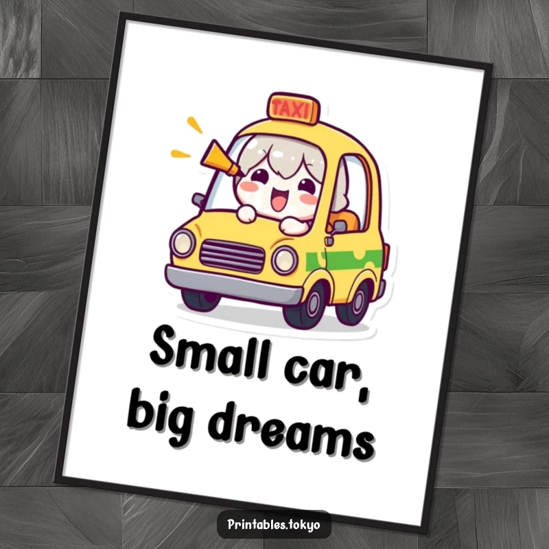 Funny poster showcasing a cheerful character inside a tiny taxi, playfully honking the horn with a comical expression.