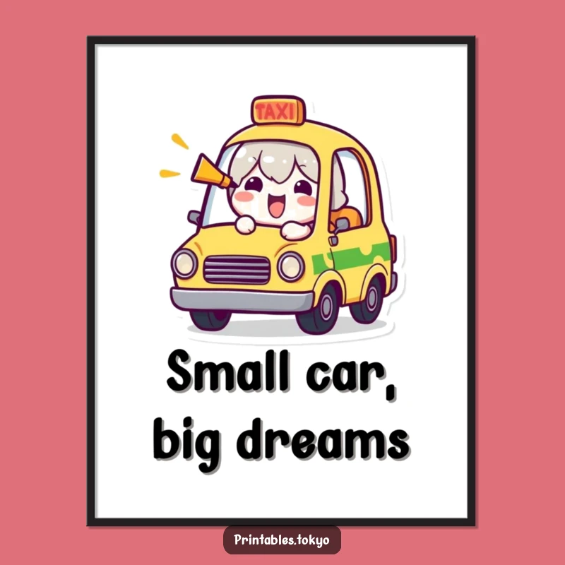Funny Tiny Taxi Poster: Cheerful Character Honking Horn, Hilarious Wall Art for Laughs