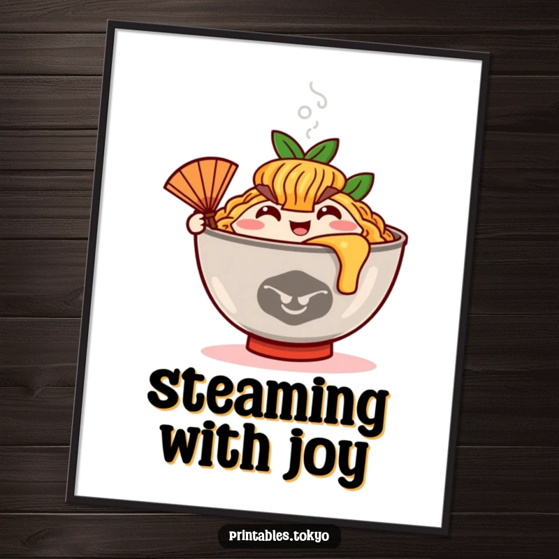 Funny happy ramen bowl character with steam and a small fan, depicted as a vibrant wall poster.