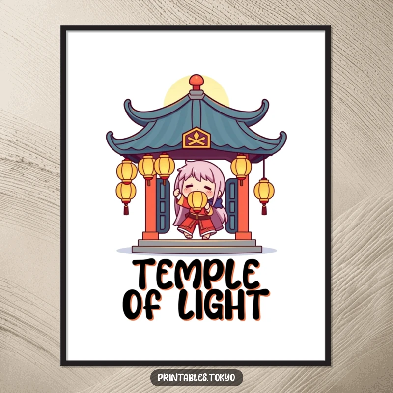 Funny poster of a character juggling radiant glowing lanterns below a detailed, stylized temple roof, evoking enchantment.