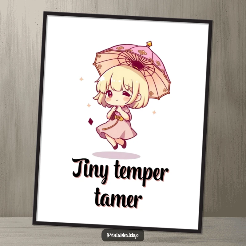 Funny poster print of a character in motion, enthusiastically bouncing a miniature ornate umbrella, conveying pure, unadulterated fun.
