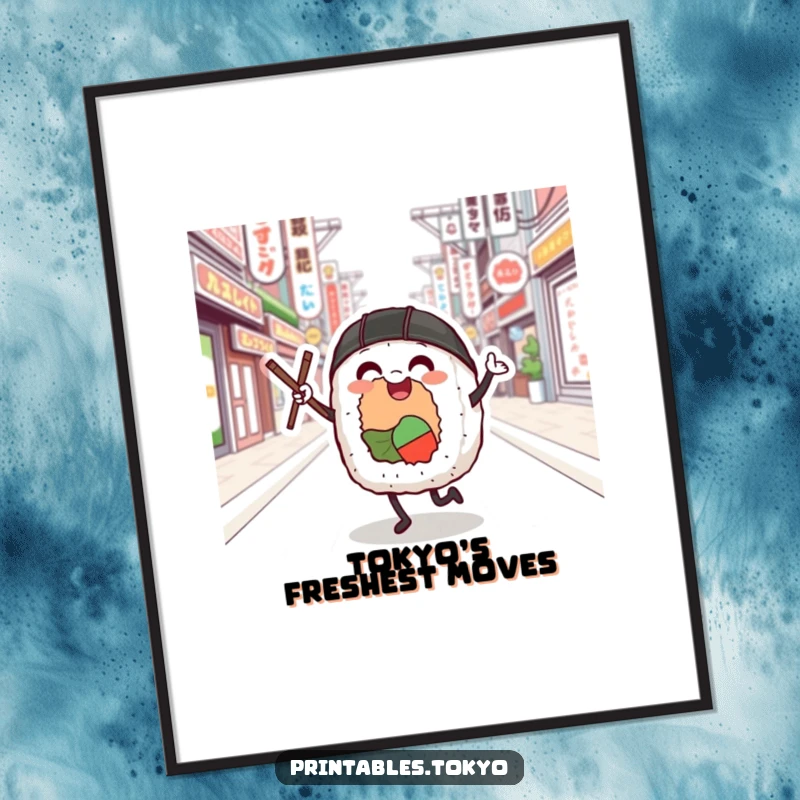Funny sushi roll character dancing enthusiastically on a Tokyo street, presented as a colorful wall poster.