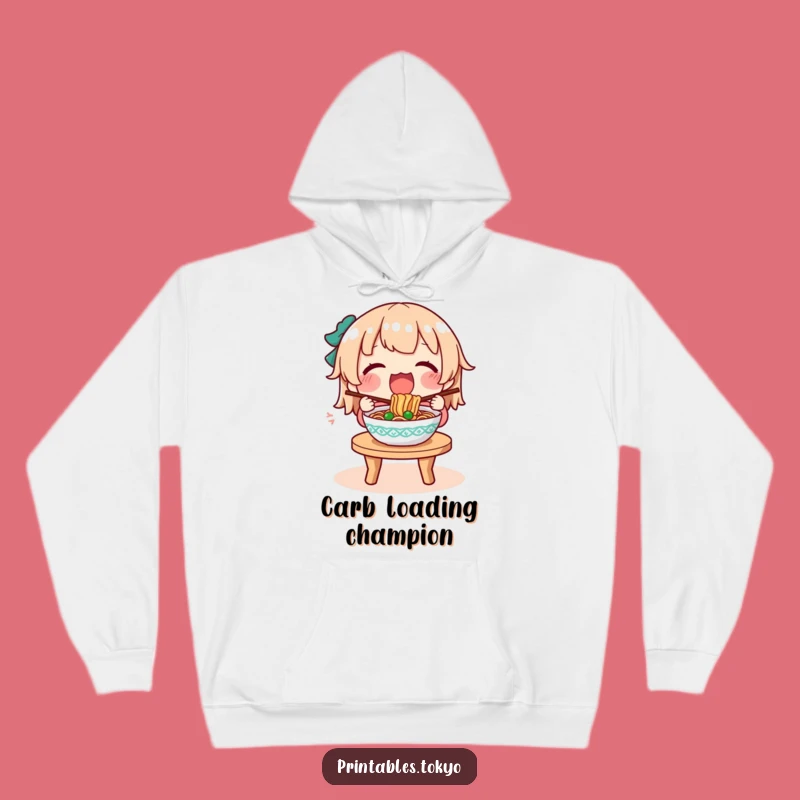 Funny Noodle Feast Hoodie: Character's Cozy Meal, Warm and Humorous