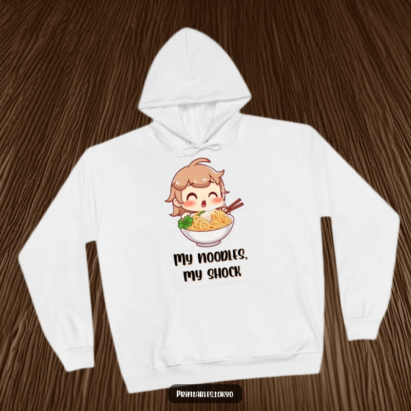 Funny hoodie showcasing a character with a comically surprised expression looking at a steaming bowl of delicious noodles, perfect for cozy, foodie moments.