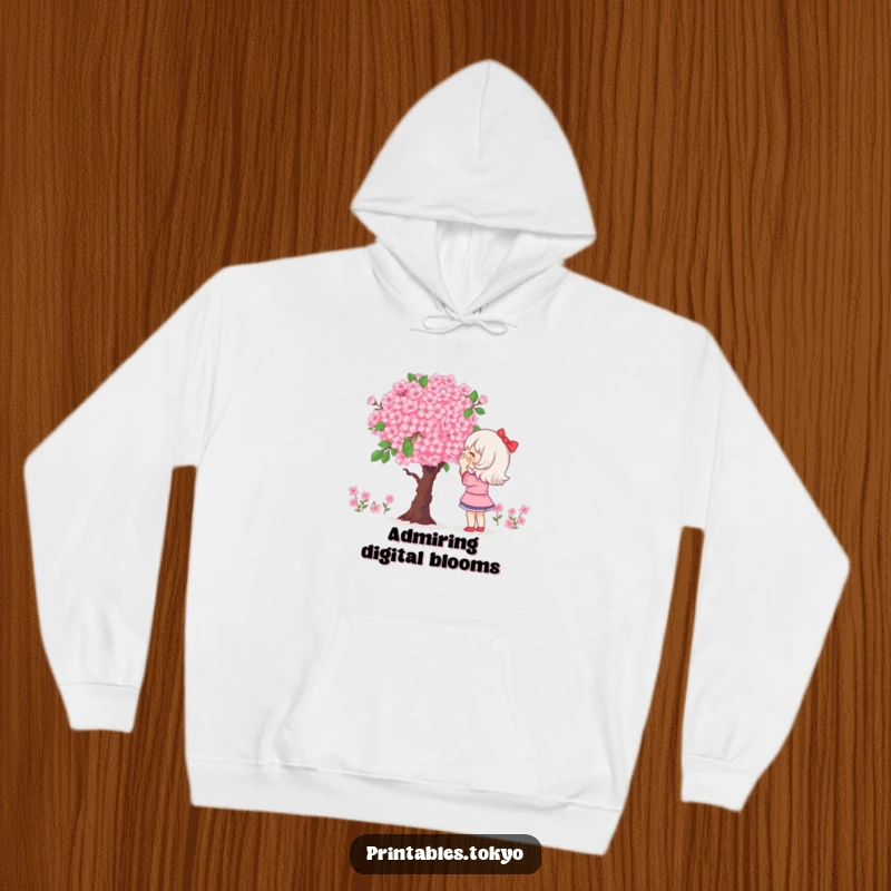 Funny hoodie design of a character admiring a large, pixelated bouquet of cherry blossoms, evoking digital beauty.