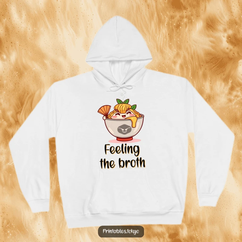 Funny happy ramen bowl character with steam and a tiny fan, depicted on a cozy and warm hoodie.