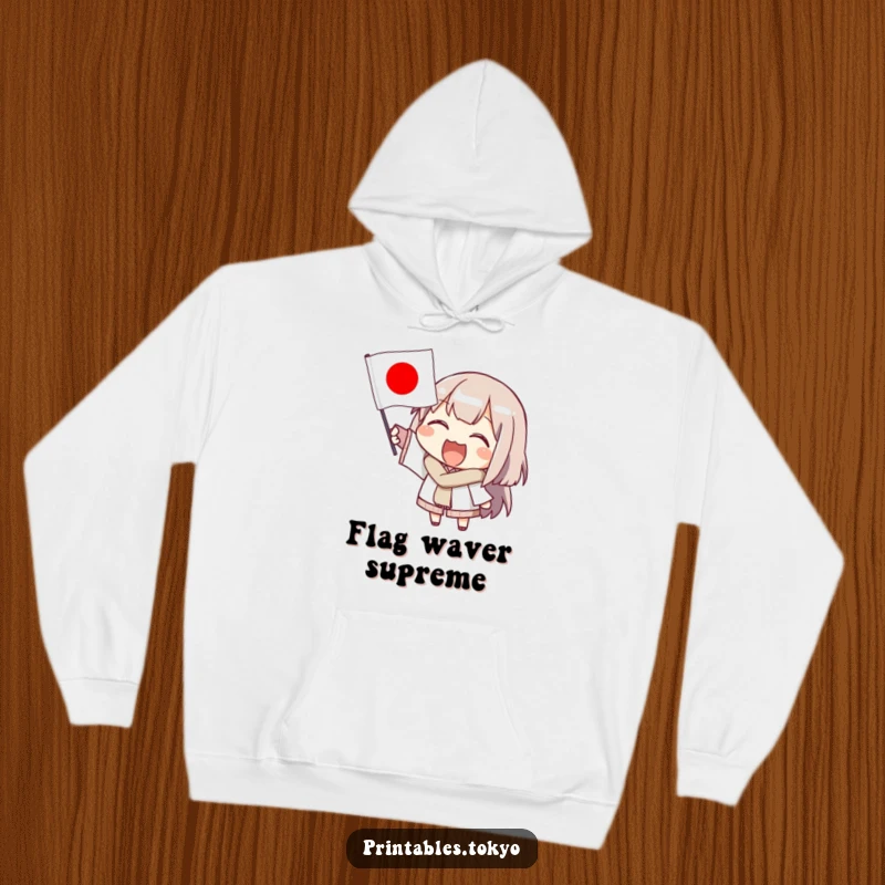 Funny hoodie illustrating a cheerful character enthusiastically waving a miniature Japanese flag, radiating warmth and international spirit.