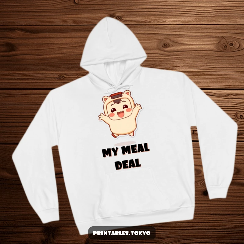 Funny Hoodie: A smiling character with a bento box accessory jumps happily, offering cozy comfort and food-themed humor, a funny gift.