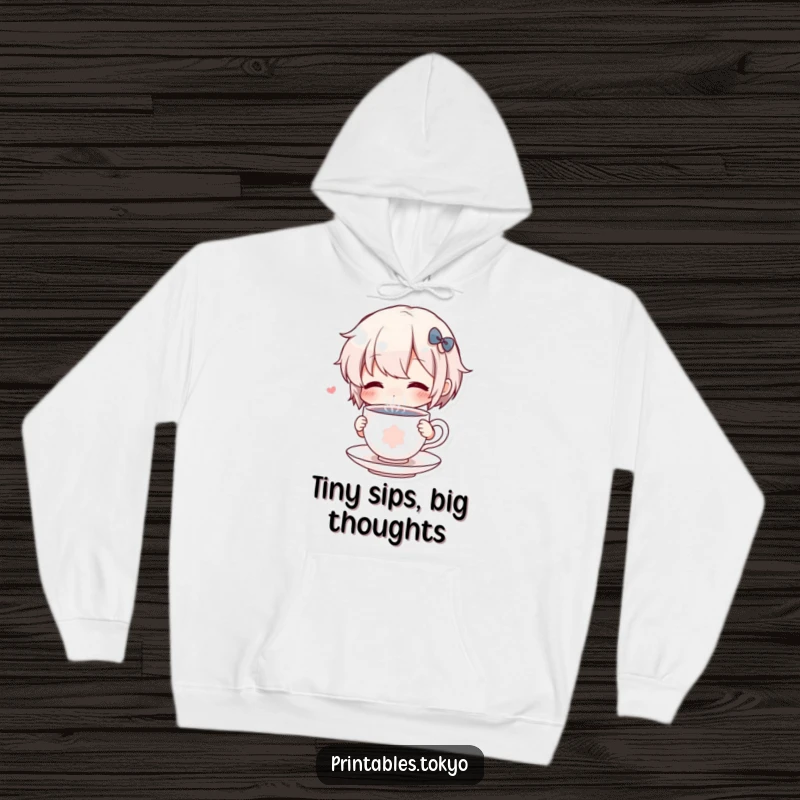 Funny Hoodie: A charming character enjoys a tiny, steaming teacup, embodying warmth and comical serenity.