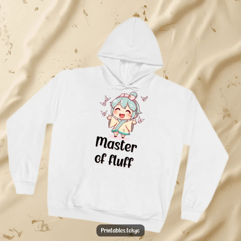 Funny hoodie depicting a joyful character in mid-juggle with small, delicate origami cranes, radiating happiness and playful energy.