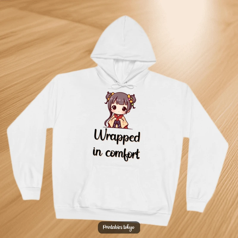 Funny Hoodie: A cute character in a miniature kimono peeks out, perfect for cozying up with adorable and playful vibes.