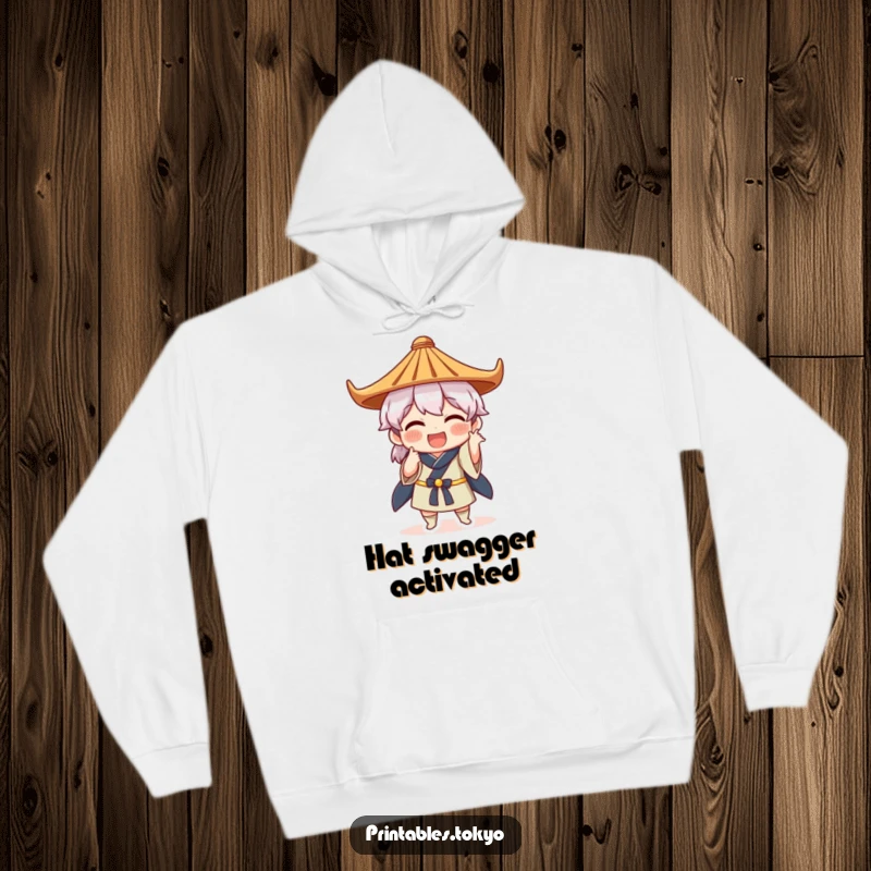 Funny hoodie depicting a character wearing a Japanese hat and striking a funny, memorable pose, offering warmth and humor.