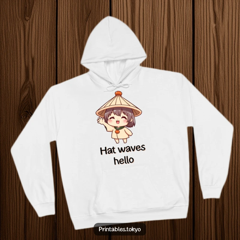 Funny hoodie with a cute character in a traditional Japanese hat, enthusiastically waving, offering warmth and a friendly, welcoming vibe.