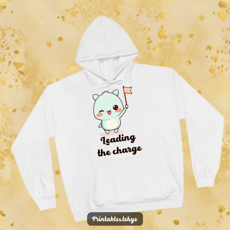 Funny hoodie with an excited character waving a small paper flag, offering cozy enthusiasm and comfort.