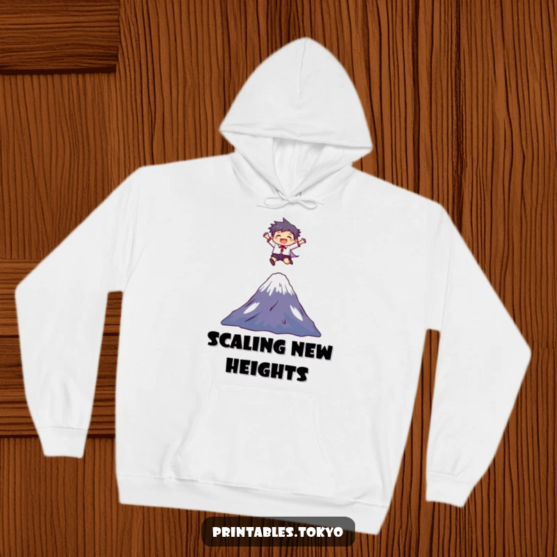 Funny Hoodie: A character leaps joyfully over Mount Fuji, offering a humorous and cozy reminder of adventure and success.