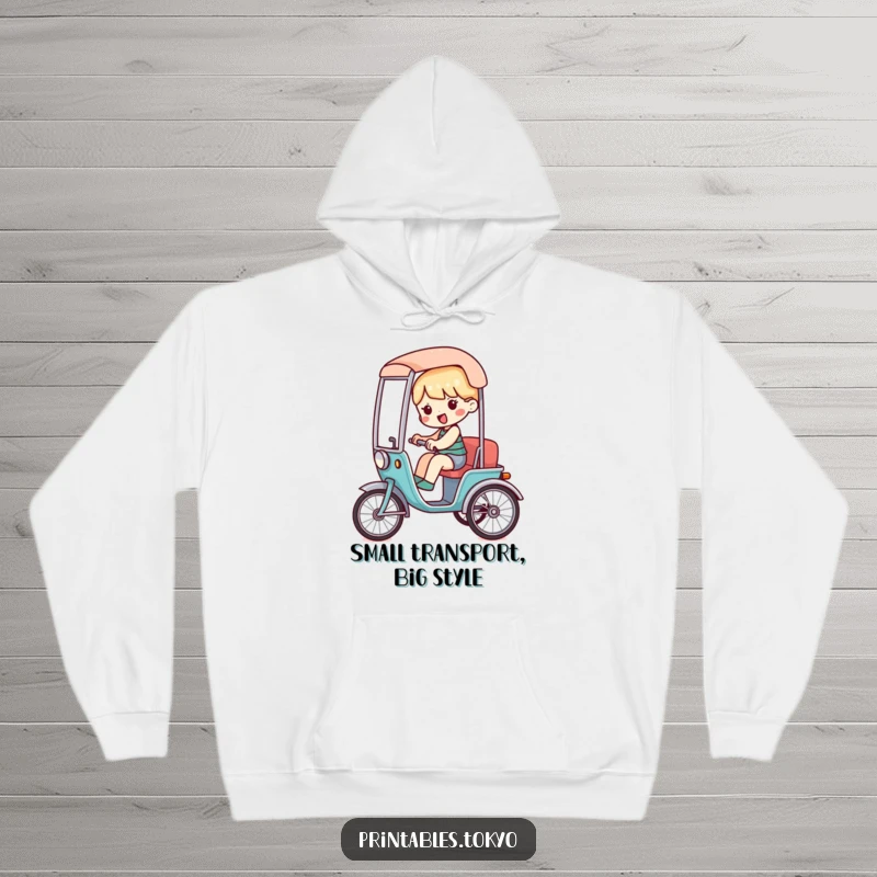 Funny hoodie featuring a character riding a miniature, stylized rickshaw, offering warmth and humorous style.