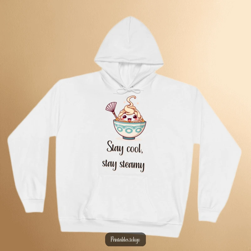 Funny hoodie featuring a happy ramen bowl character with steam, waving a tiny fan to cool down, offering comfort and playful humor.