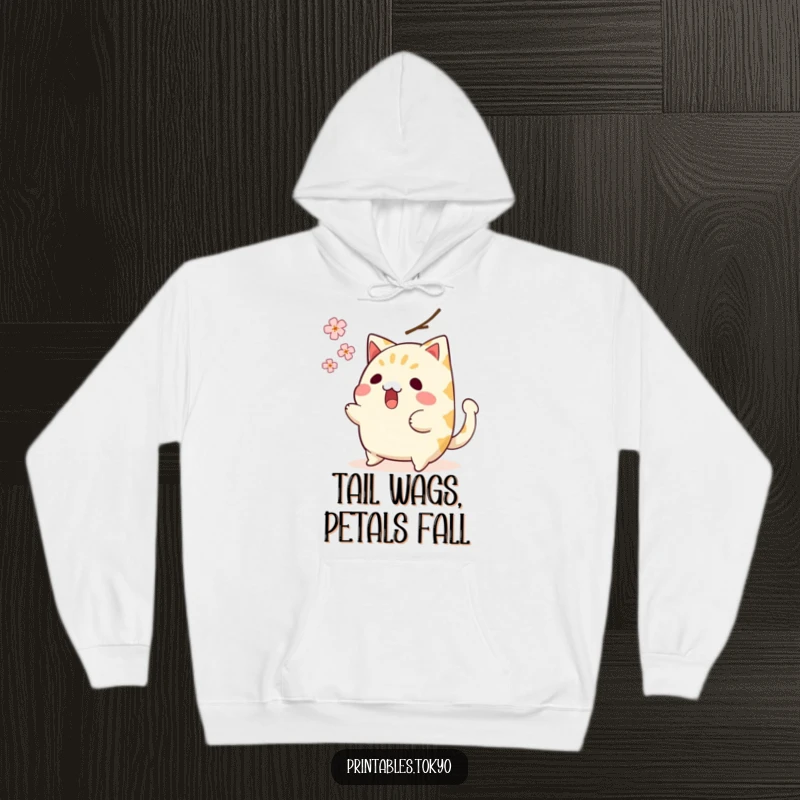Funny hoodie depicting a surprised taiyaki character with a wagging tail, narrowly missing a falling cherry blossom, capturing a hilarious moment.