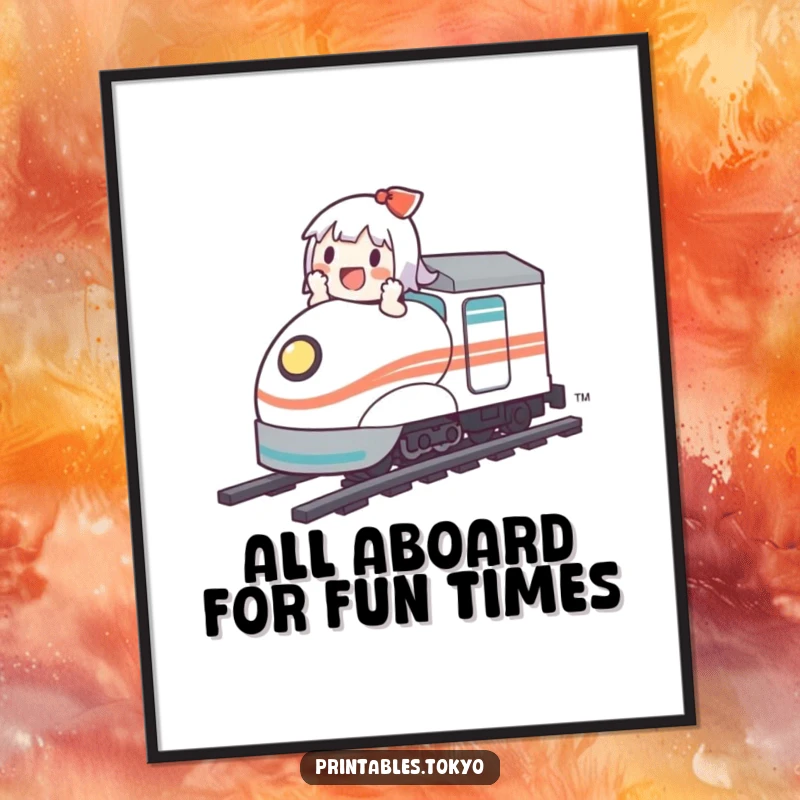 Funny Free Printable Wall Art: A cute character joyfully speeds along on a miniature bullet train, bringing whimsical energy to any room.