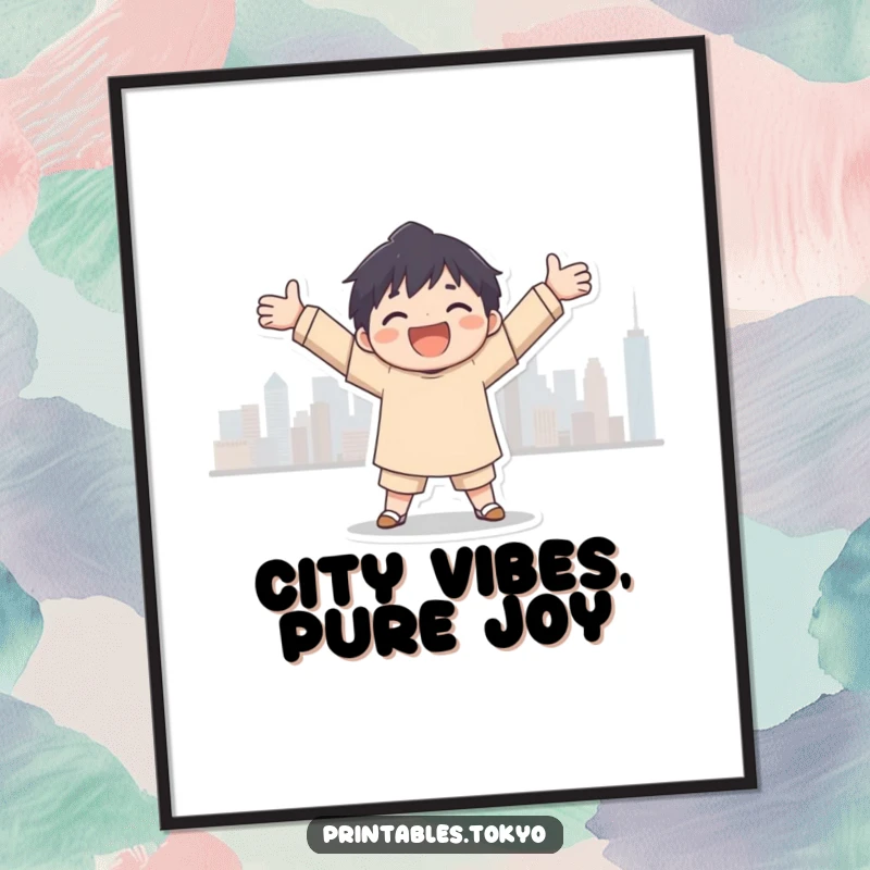 Funny Free Printable Wall Art: Character with arms open embracing a city skyline silhouette, evoking feelings of joy and possibility.