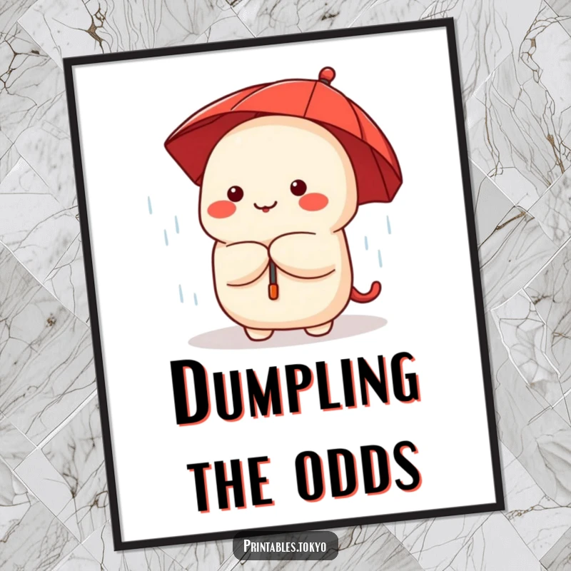 Funny Free Printable Wall Art: Adorable dumpling sporting a tiny red umbrella, peeking out playfully from a downpour.