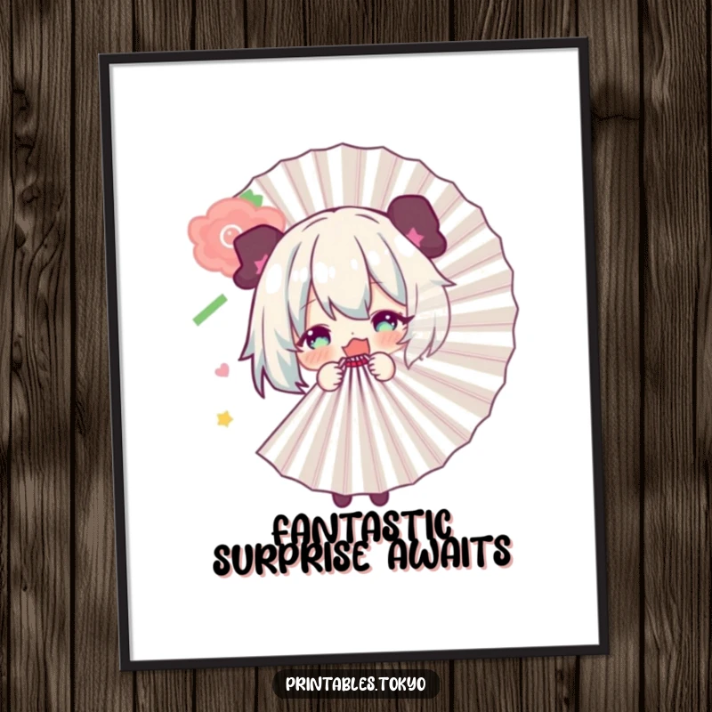 Funny Free Printable Wall Art: A character playfully hiding behind a large, decorative fan, adding a whimsical and humorous element to the wall.
