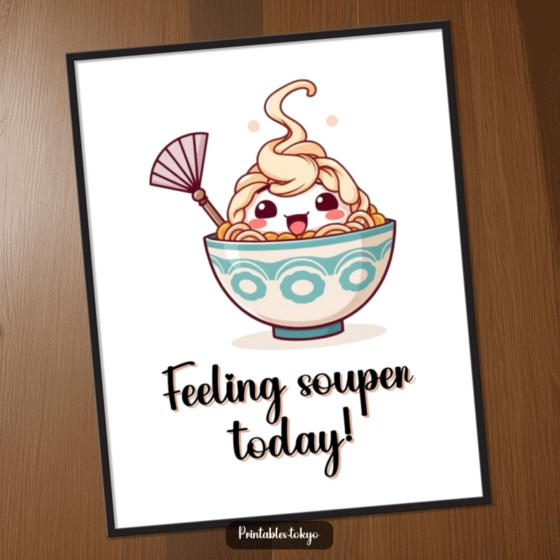 Funny Free Printable Wall Art: A happy ramen bowl character with steam rising waves a tiny fan, looking cool and relaxed.