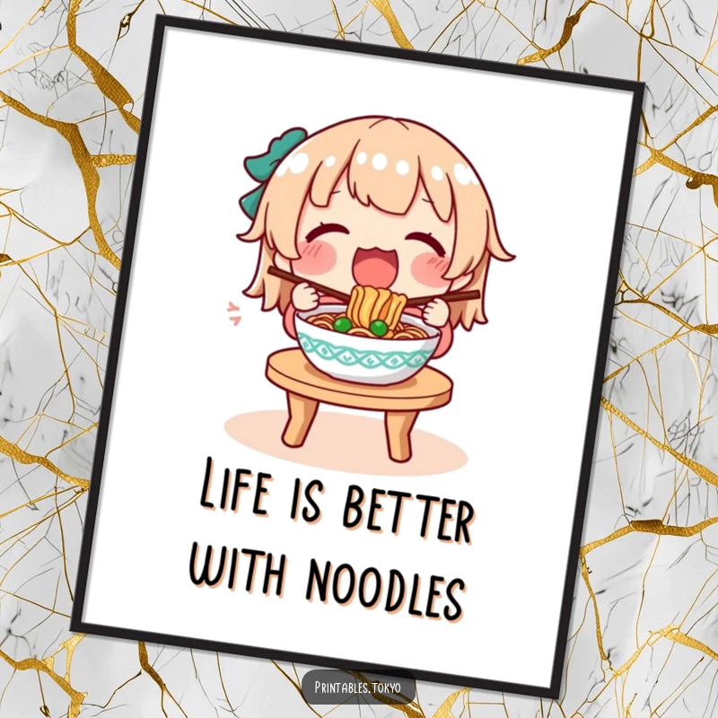 Funny Free Printable Wall Art: A character enthusiastically devours a steaming bowl of noodles at a small table, a heartwarming food illustration.